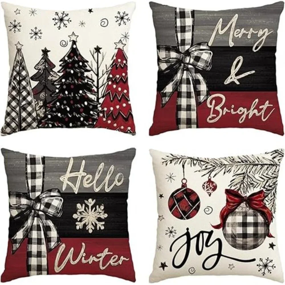 Merry Christmas Joy Xmas Trees Red Throw Pillow Covers, 18 x 18 Inch Christmas